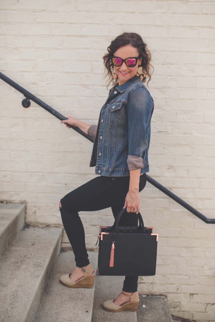 floral and denim mom fashion // jean jacket // black purse // black ripped denim from healthy lifestyle alabama blogger heather of mylifewellloved.com
