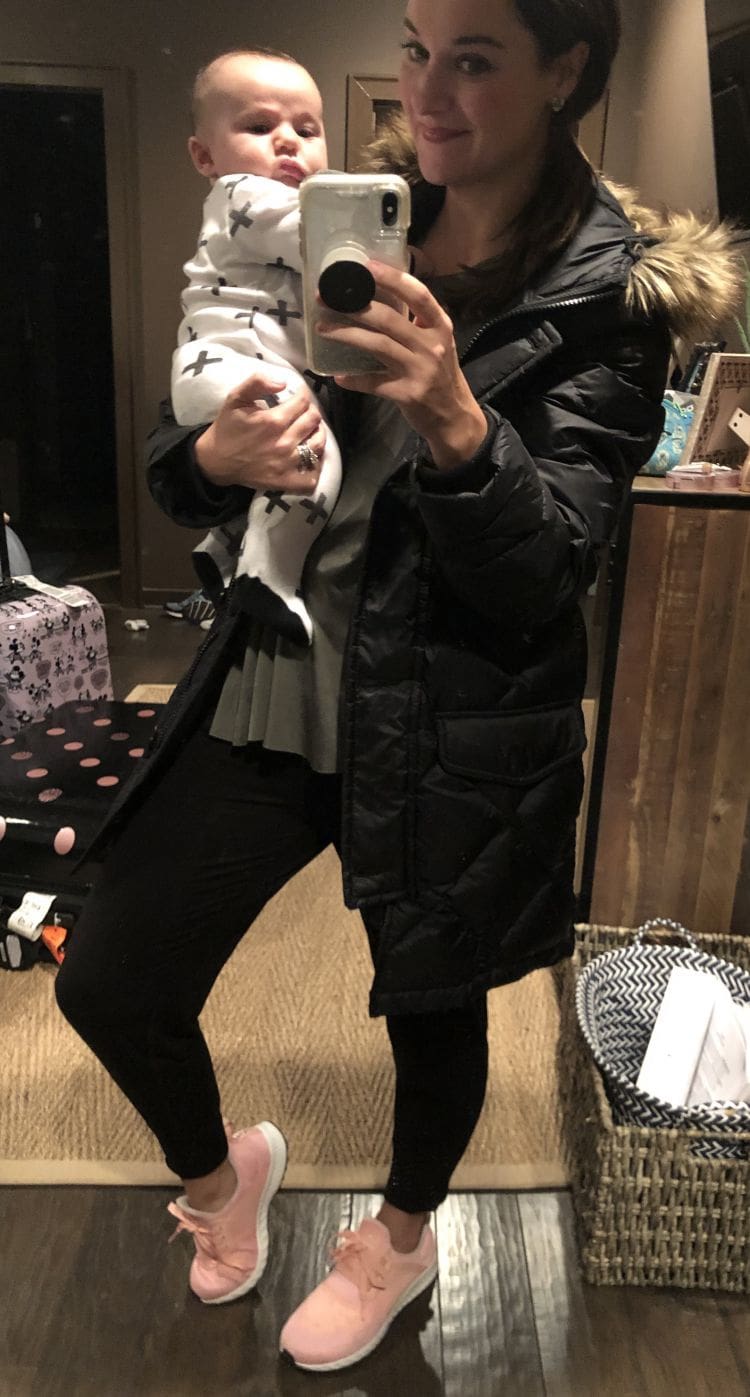 abercrombie coat, gap joggers, pink adidas running shoes