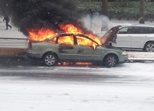 Car on Fire in Birmingham Snow Storm 2014
